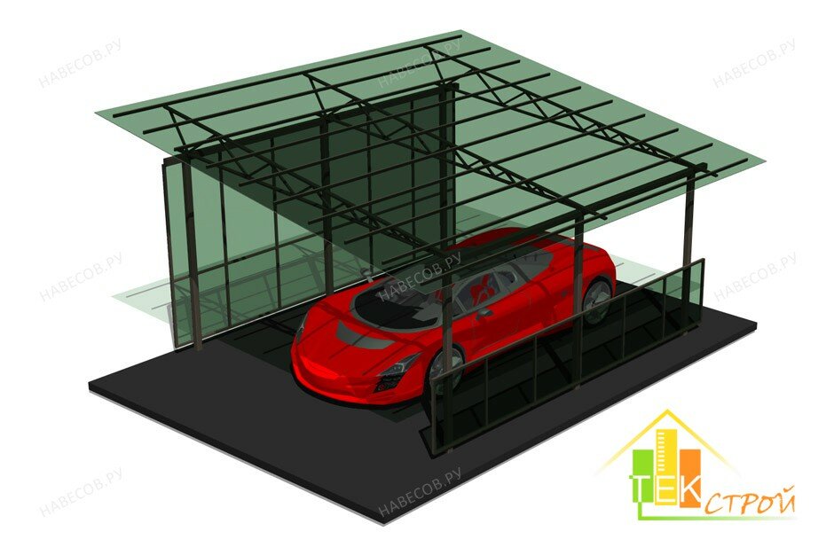 Дизайн проект навес для автомобиля с односкатной крышей с зашитыми стенами из поликарбоната