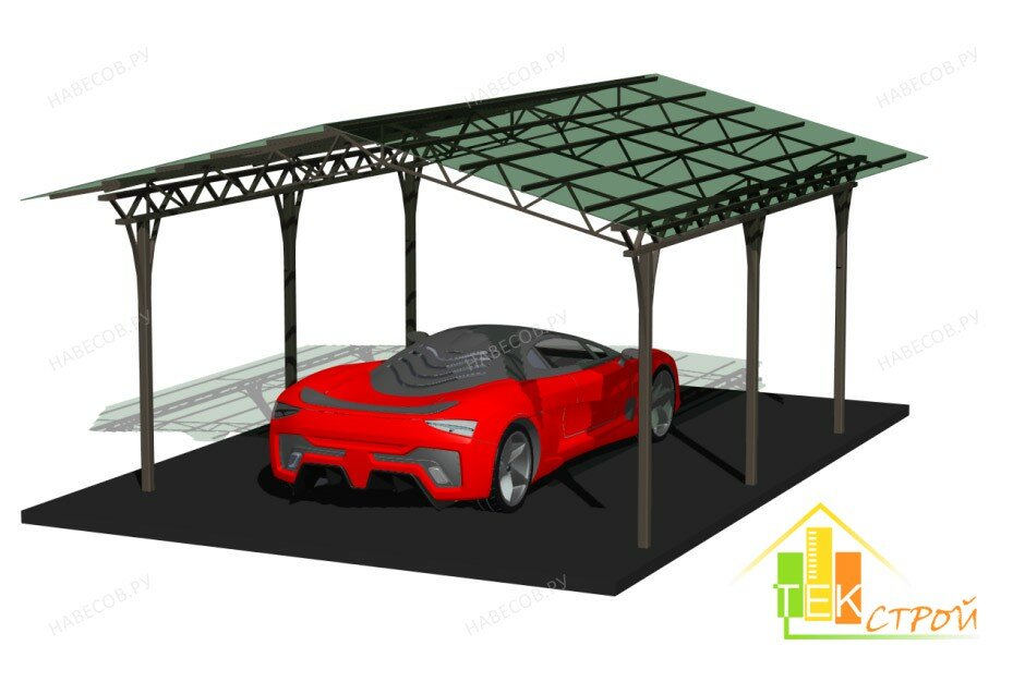 3-D проект красивого двухскатного навеса для автомобиля, выполненного из металла и поликарбоната