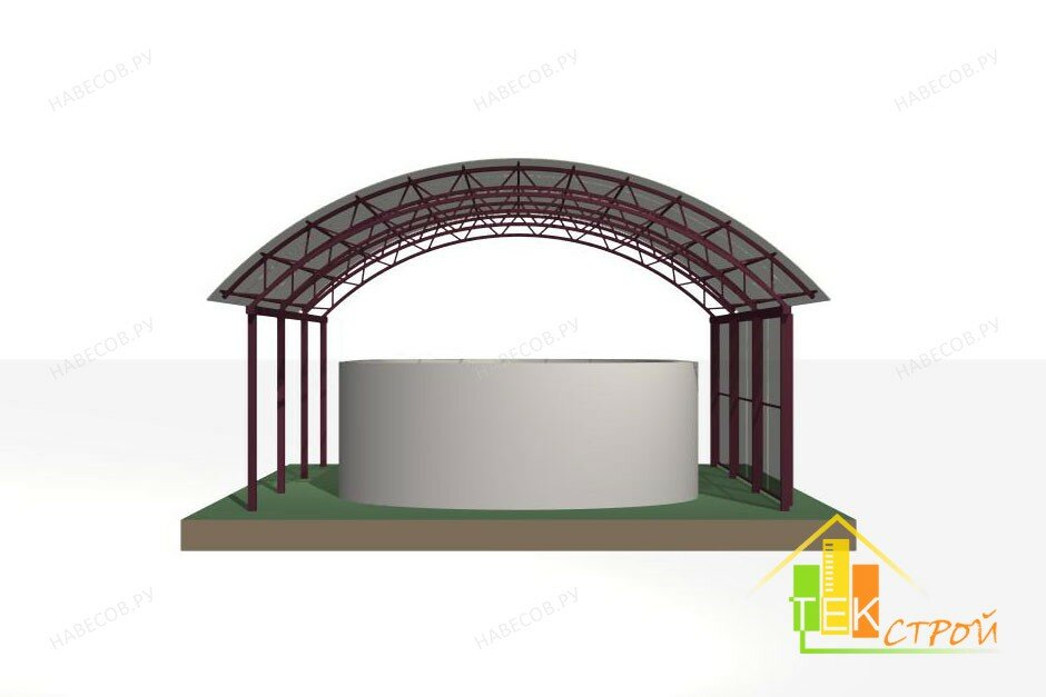 Представленный на фото навес для бассейна имеет арочную крышу из поликарбоната и ширму вдоль стороны рис 2