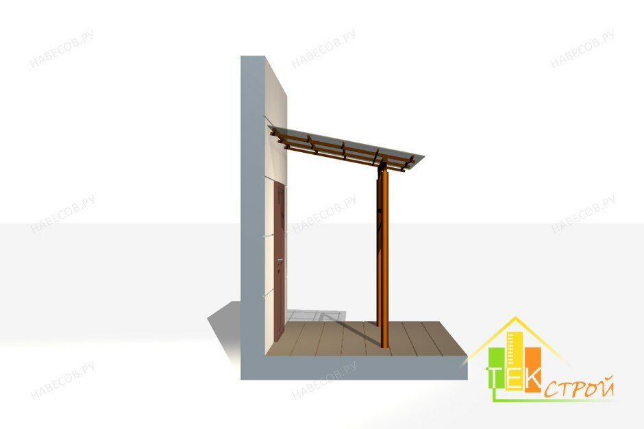 Навес над дверью со скатной крышей из поликарбоната(вид вдоль дома)